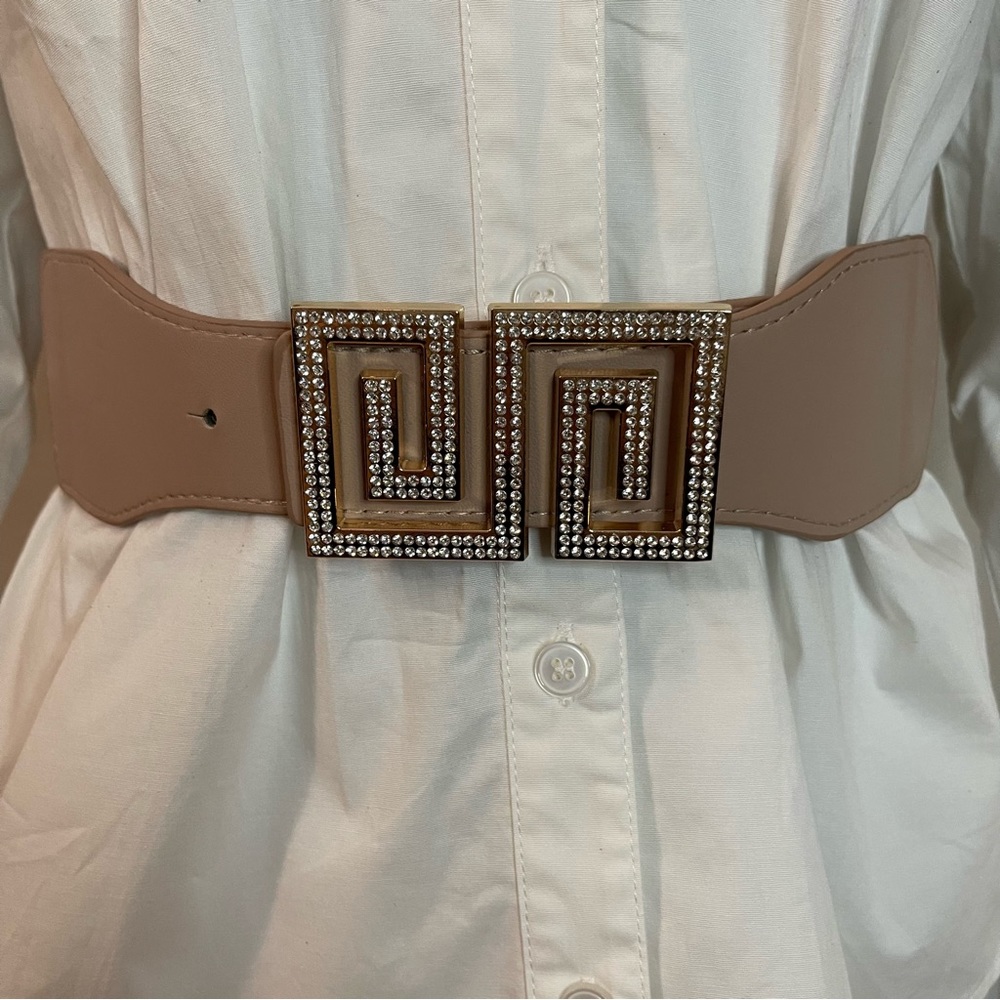 Taupe rectangle buckle with rhinestones elastic waistband belt